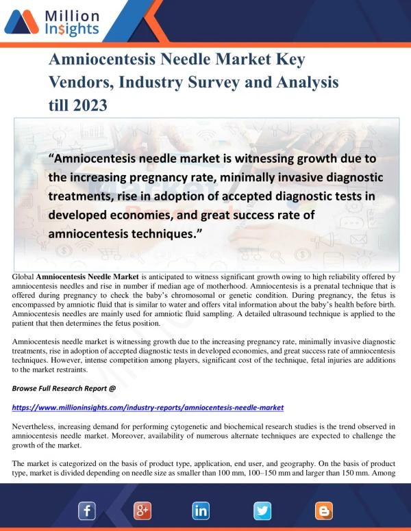 Amniocentesis Needle Market Key Vendors, Industry Survey and Analysis till 2023