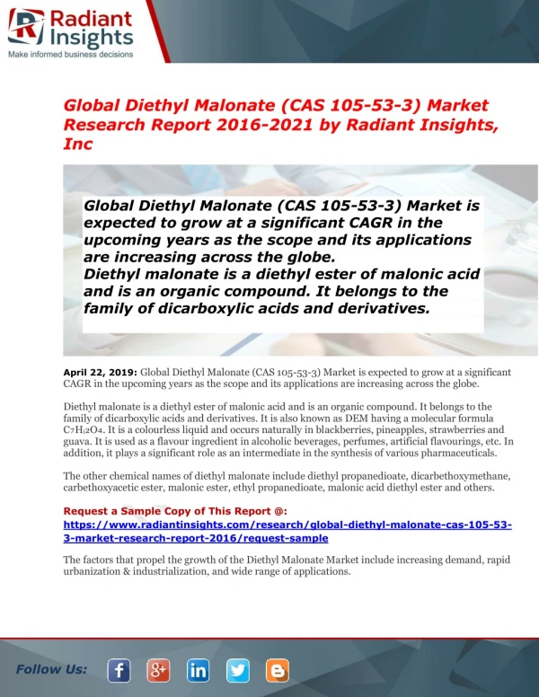 Diethyl Malonate (CAS 105-53-3) Market Leading Manufacturers, Consumption, Analysis & Forecast to 2021