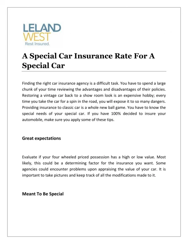 A Special Car Insurance Rate For A Special Car