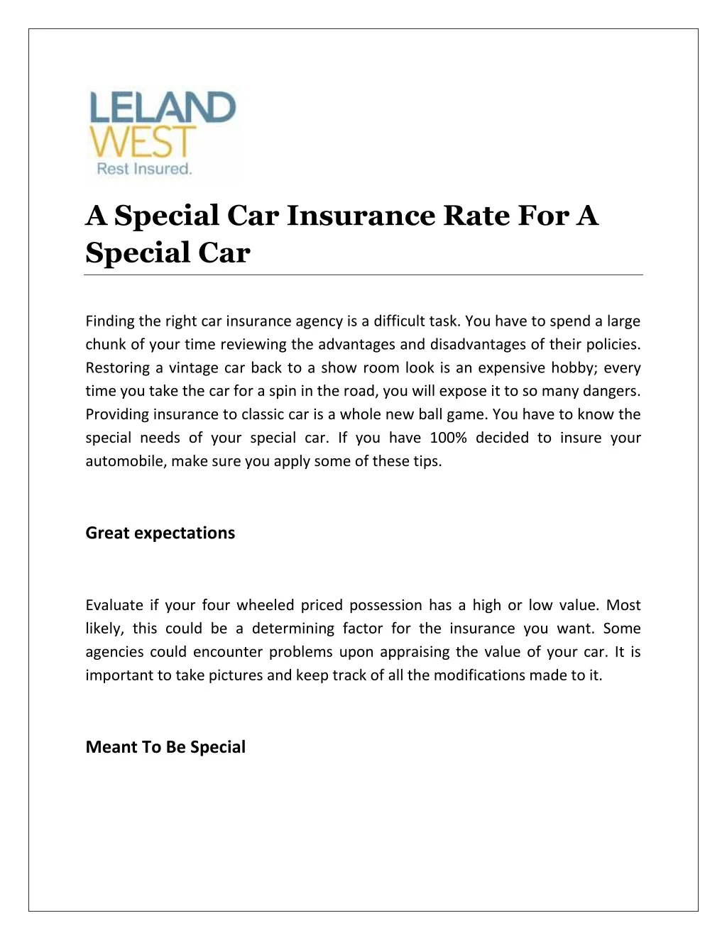 a special car insurance rate for a special car