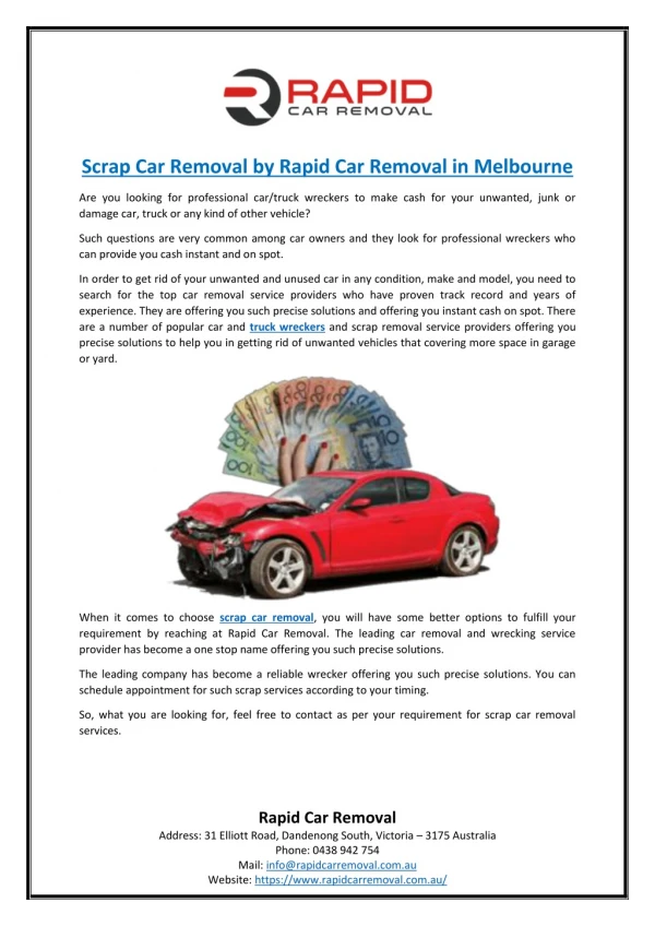 Scrap Car Removal by Rapid Car Removal in Melbourne