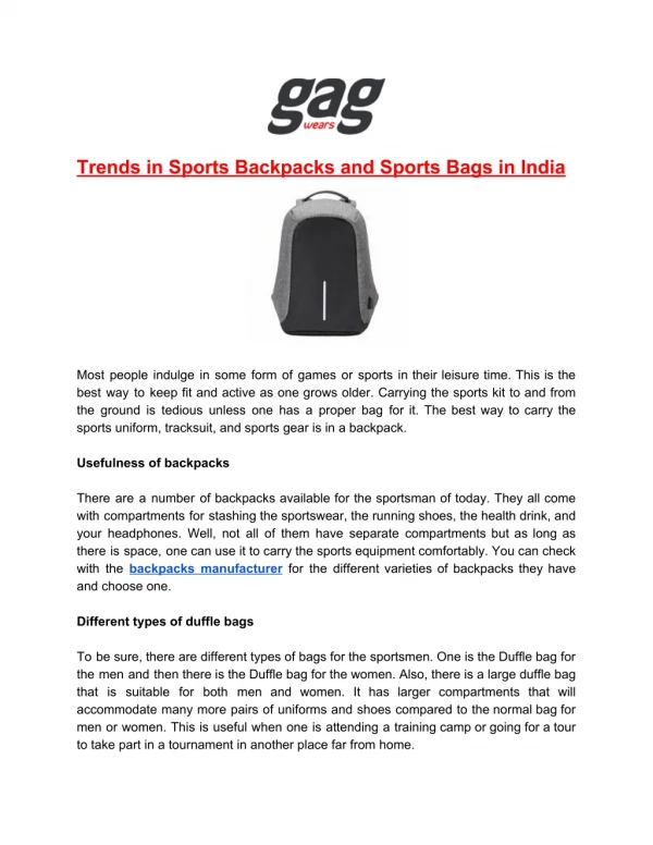 Trends in Sports Backpacks and Sports Bags in India