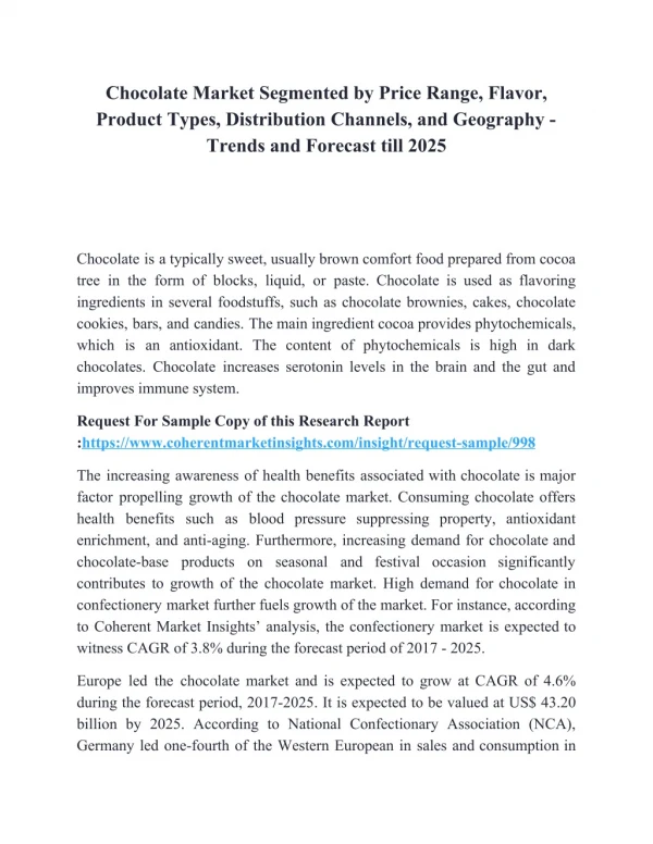Chocolate Market Segmented by Price Range, Flavor, Product Types, Distribution Channels, and Geography - Trends and Fore