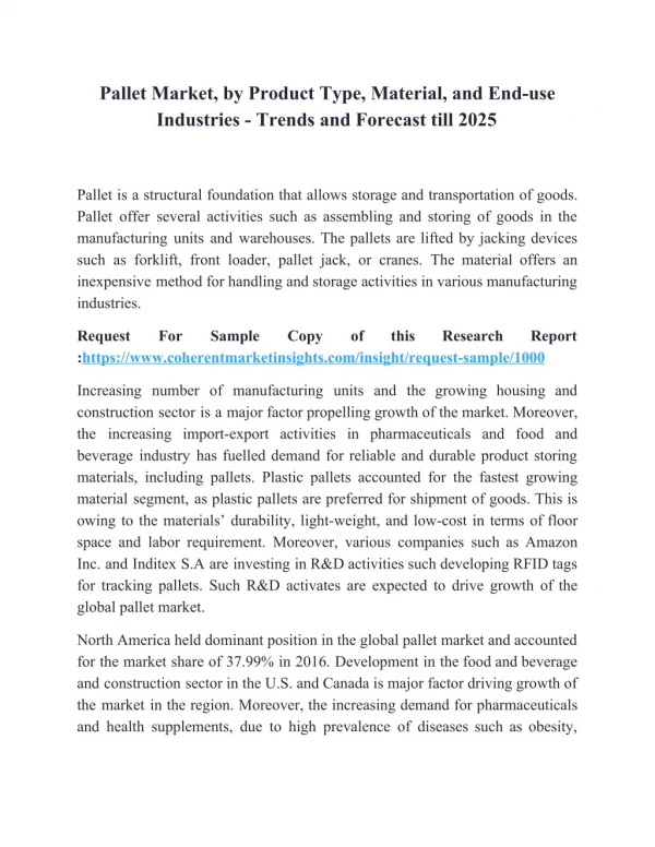 Pallet Market, by Product Type, Material, and End-use Industries - Trends and Forecast till 2025