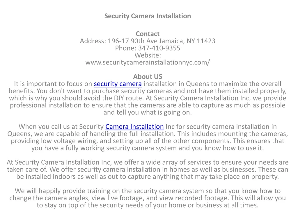 security camera installation contact address