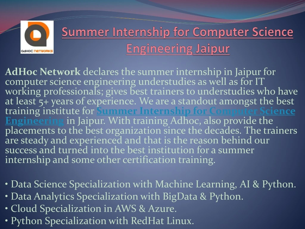 summer internship for computer science engineering jaipur