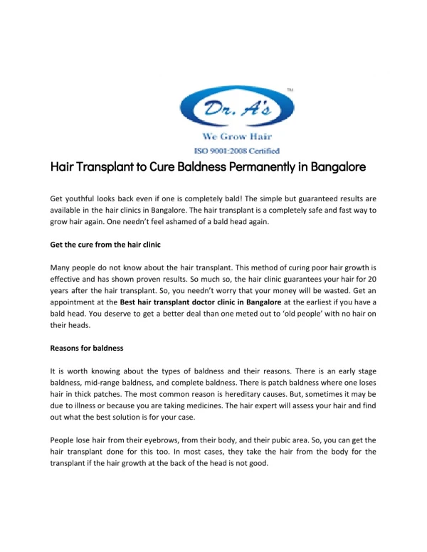 Hair Transplant to Cure Baldness Permanently in Bangalore