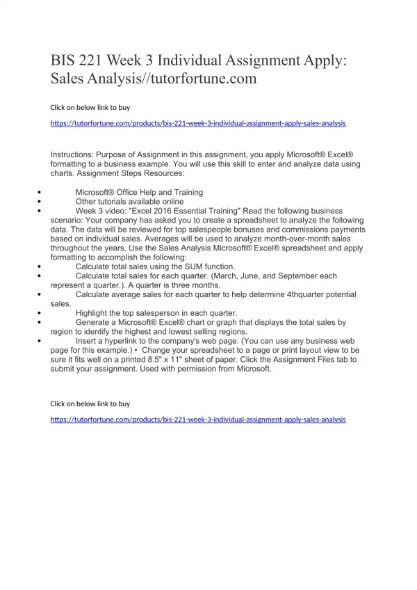 BIS 221 Week 3 Individual Assignment Apply: Sales Analysis//tutorfortune.com