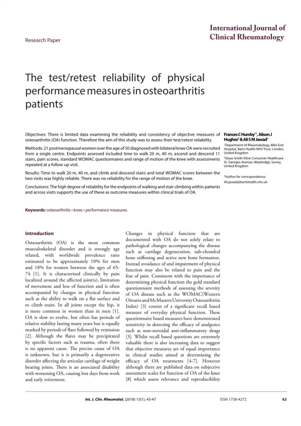 The test/retest reliability of physical performance measures in osteoarthritis patients