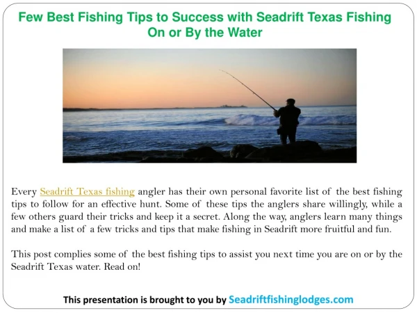 Few Best Fishing Tips to Success with Seadrift Texas Fishing On or By the Water