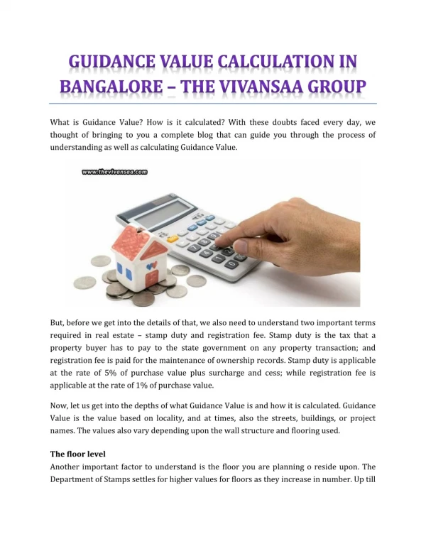 Guidance Value Calculation In Bangalore - The Vivansaa