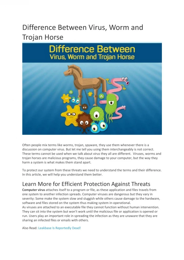 Difference Between Virus, Worm and Trojan Horse