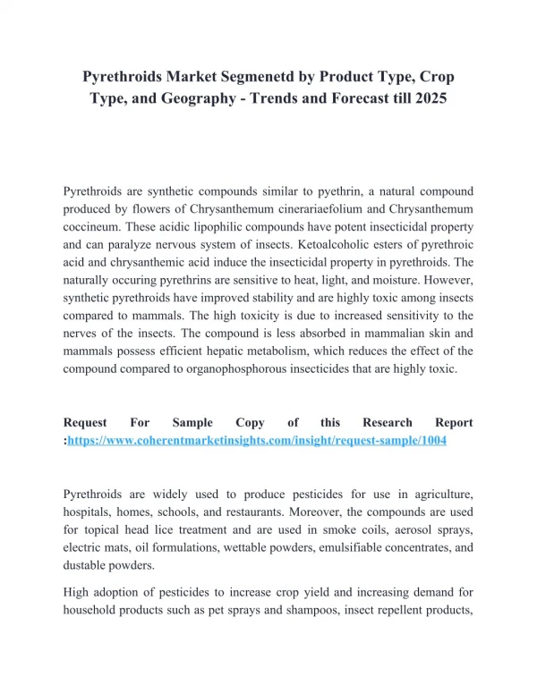 Pyrethroids Market Segmenetd by Product Type, Crop Type, and Geography - Trends and Forecast till 2025