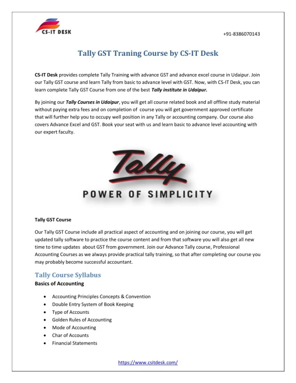 Tally GST Traning Course by CS-IT Desk