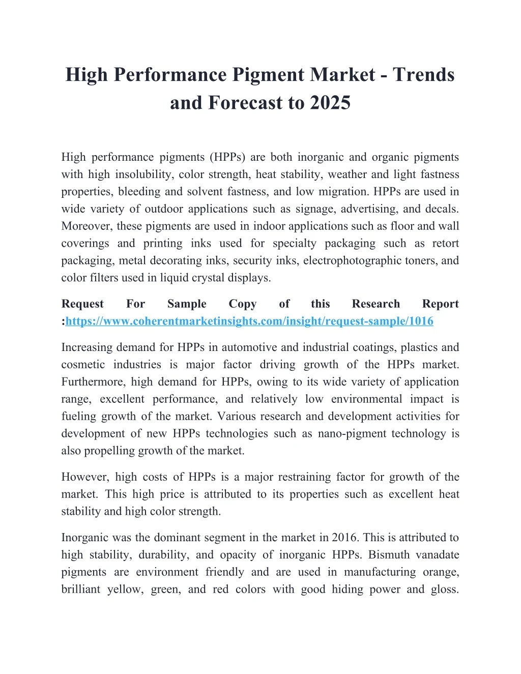 high performance pigment market trends