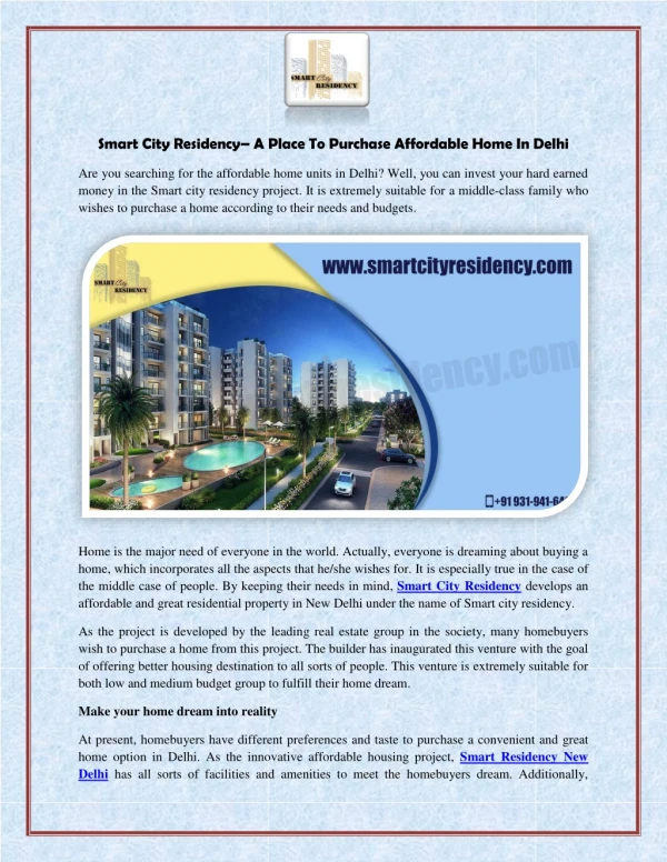 Smart City Residency - A Place To Purchase Affordable Home In Delhi