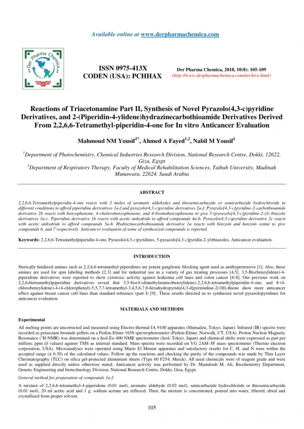 Reactions of Triacetonamine Part II, Synthesis of Novel Pyrazolo(4,3-c)pyridine Derivatives, and 2-(Piperidin-4-ylidene)