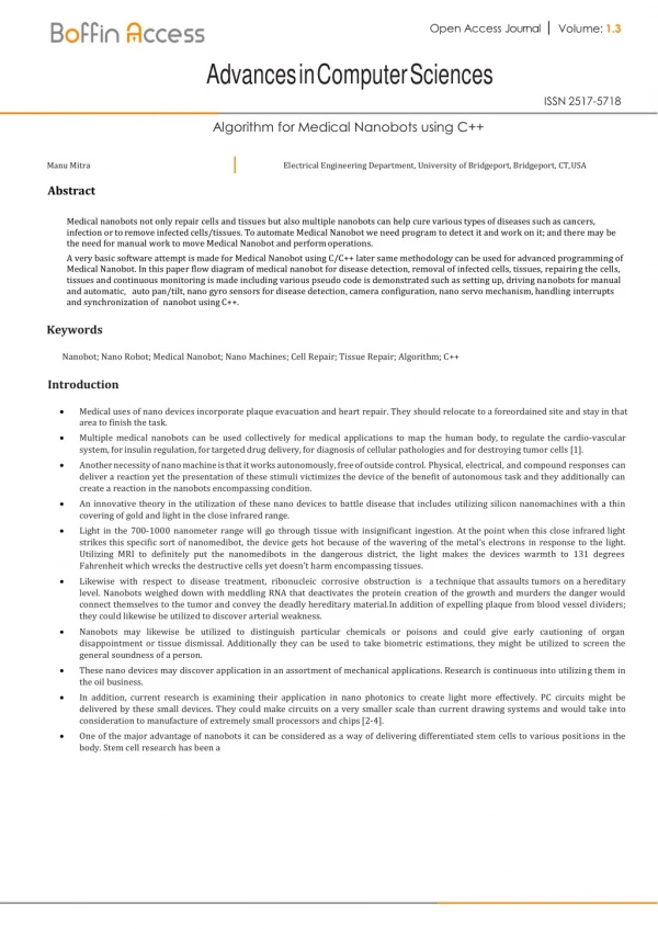 Algorithm for Medical Nanobots using C | Advances In Computer Science | Boffin Access Limited
