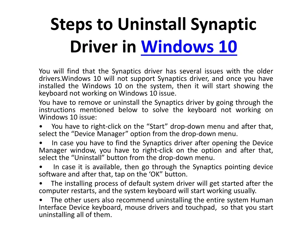 steps to uninstall synaptic driver in windows 10