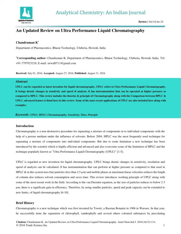 An Updated Review on Ultra Performance Liquid Chromatography