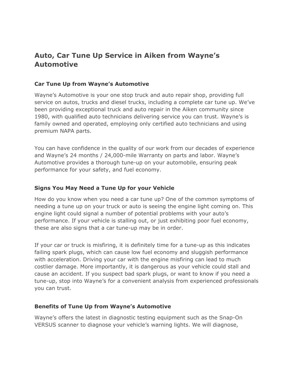 auto car tune up service in aiken from wayne