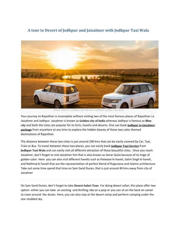 A tour to desert of jodhpur and jaisalmer with jodhpur taxi wala