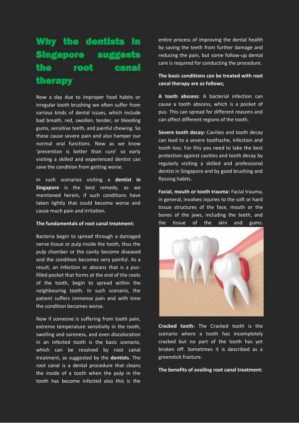 Why the dentists in Singapore suggests the root canal therapy
