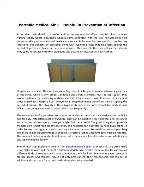 Portable Medical Sink – Helpful in Prevention of Infection