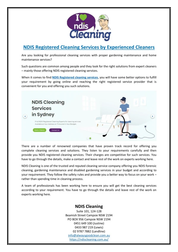 NDIS Registered Cleaning Services by Experienced Cleaners