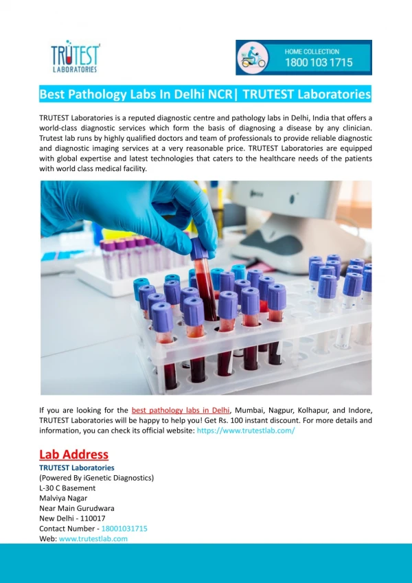 Best Pathology Labs in Delhi- TRUTEST Laboratories