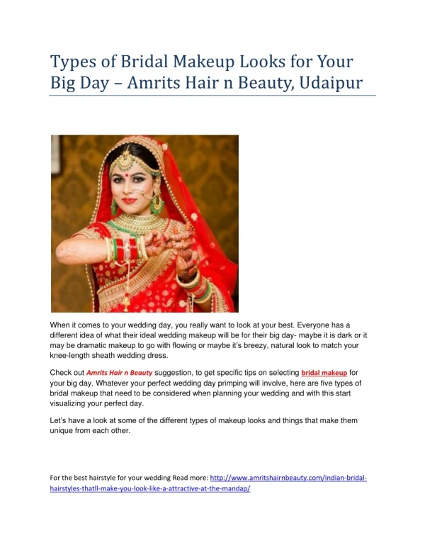 Types of Bridal Makeup Looks for Your Big Day – Amrits Hair n Beauty, Udaipur