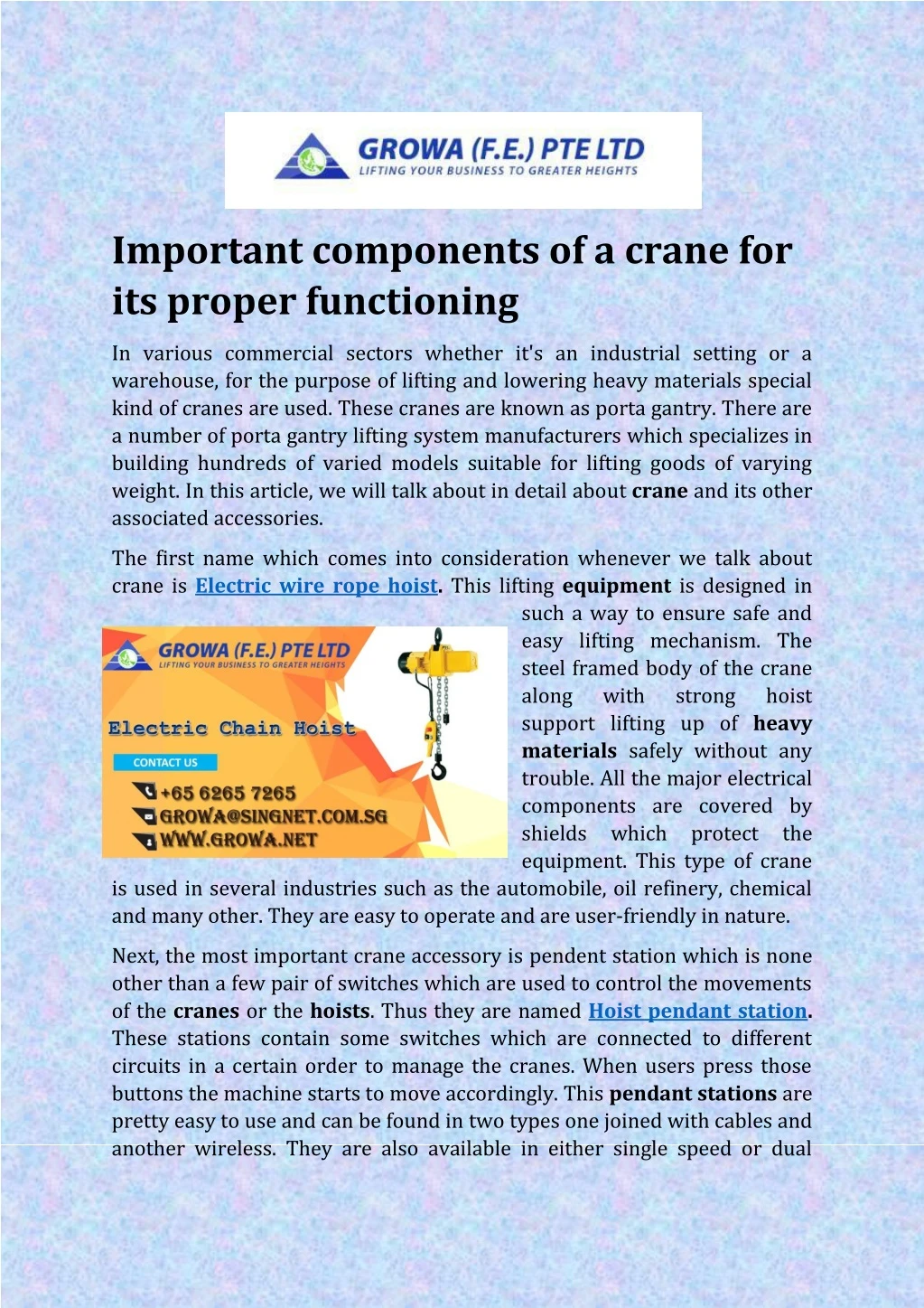 important components of a crane for its proper