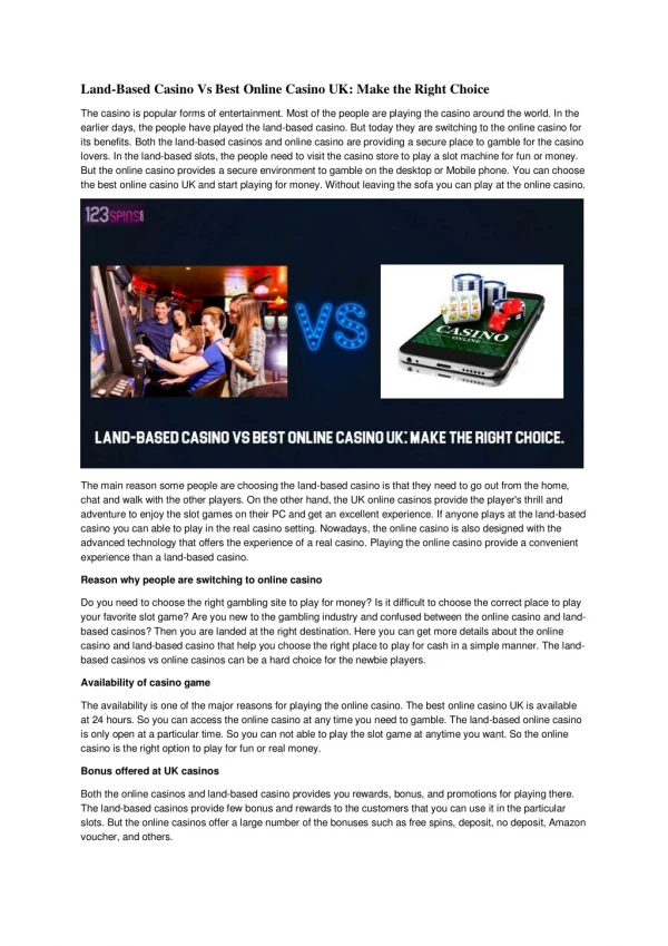 Land-Based Casino vs. Best Online Casino UK: Make the Right Choice