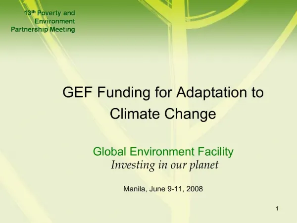 GEF Funding for Adaptation to Climate Change Global Environment Facility Investing in our planet Manila, June 9-11,
