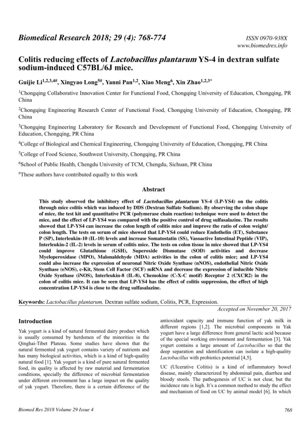 Colitis reducing effects of Lactobacillus plantarum YS-4 in dextran sulfate sodium-induced C57BL/6J mice