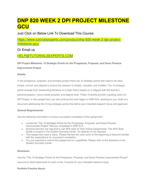 DNP 820 WEEK 2 DPI PROJECT MILESTONE GCU