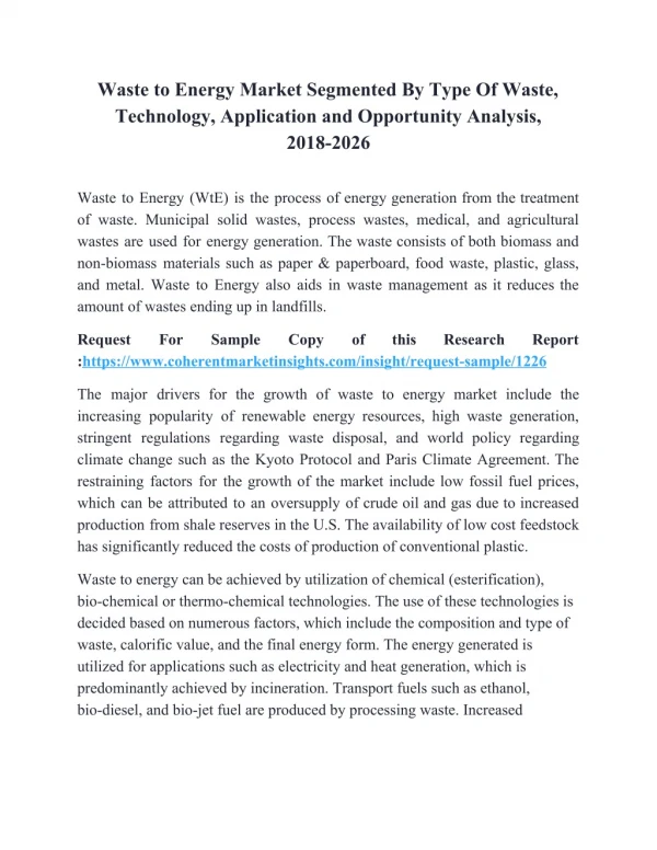 Waste to Energy Market Segmentd By Type Of Waste, Technology, Application and Opportunity Analysis, 2018-2026