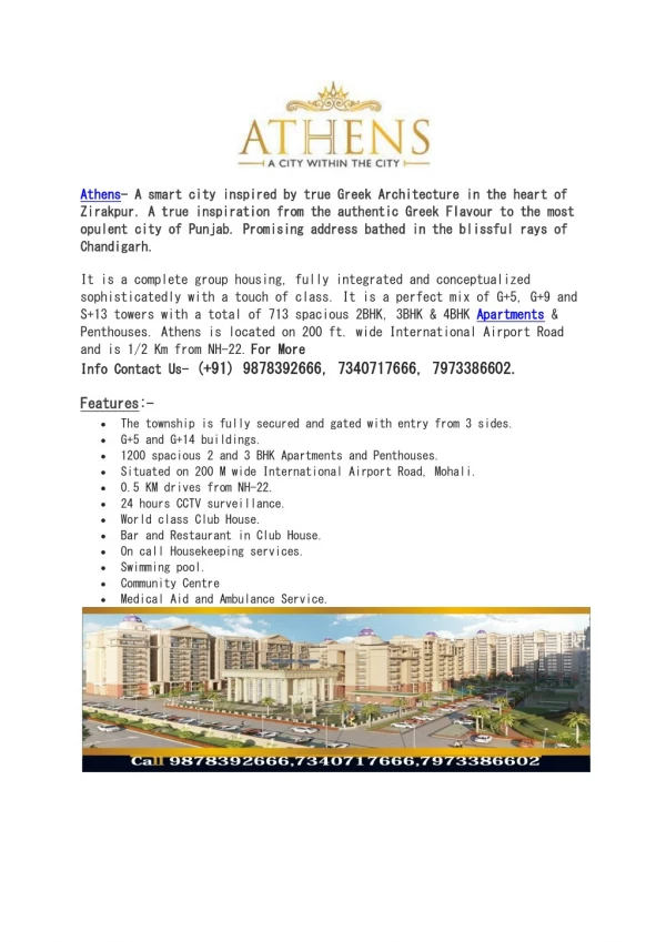 Luxury Penthouse and 2,3,4 BHK Apartments in GBP Athens Zirakpur