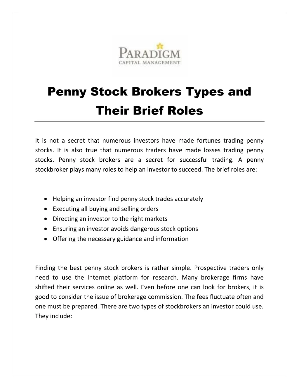 penny stock brokers types and their brief roles