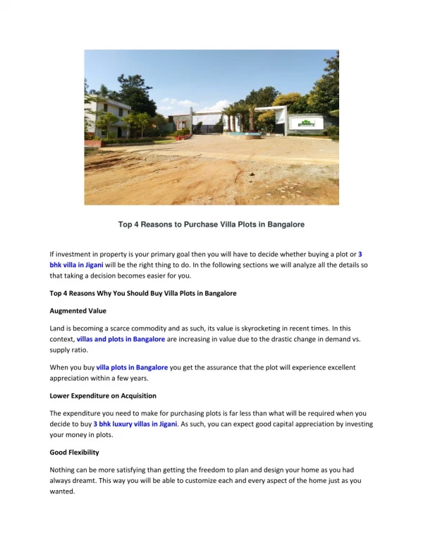 top 4 reasons to purchase villa plots in bangalore