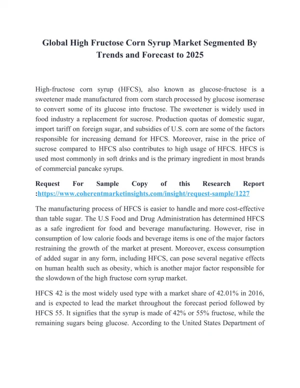 Global High Fructose Corn Syrup Market Segmented By Trends and Forecast to 2025