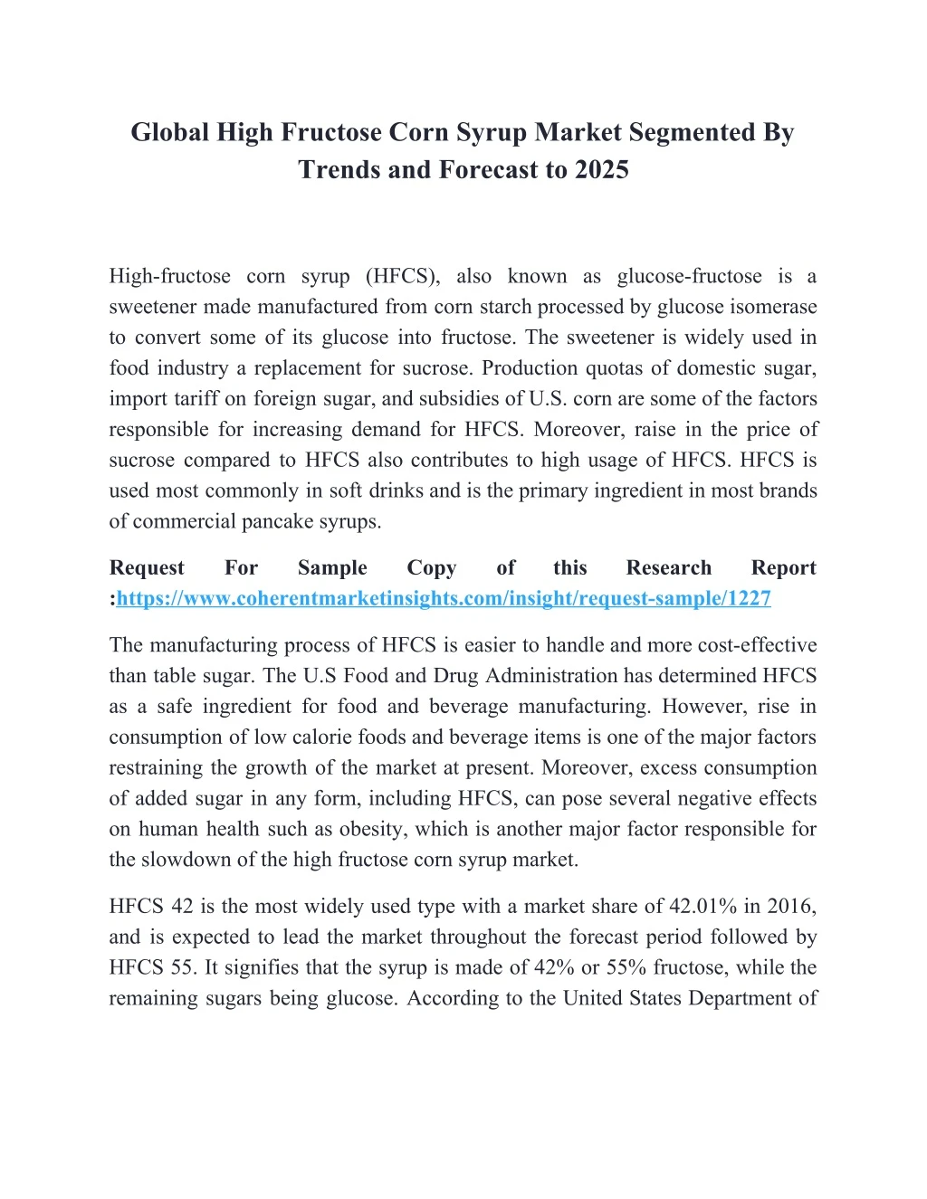 global high fructose corn syrup market segmented