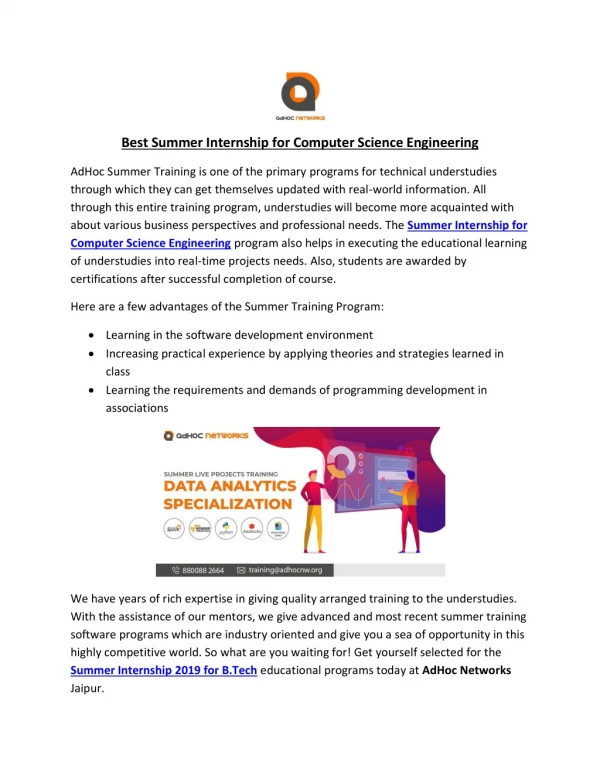 Best Summer Internship for Computer Science Engineering
