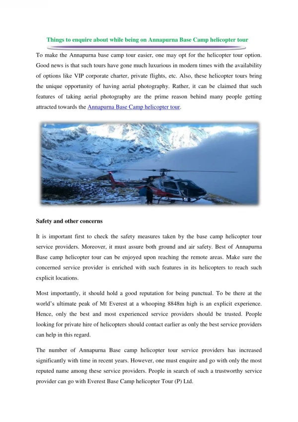 Things to enquire about while being on Annapurna Base Camp helicopter tour