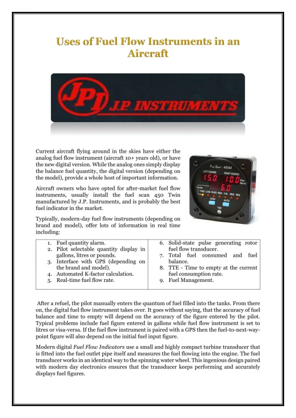 Uses of Fuel Flow Instruments in an Aircraft