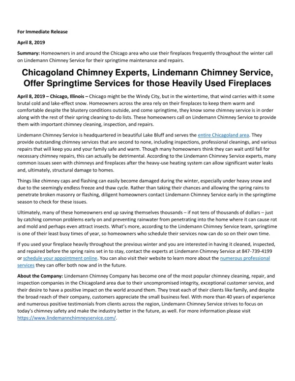 Chicagoland Chimney Experts, Lindemann Chimney Service, Offer Springtime Services for those Heavily Used Fireplaces
