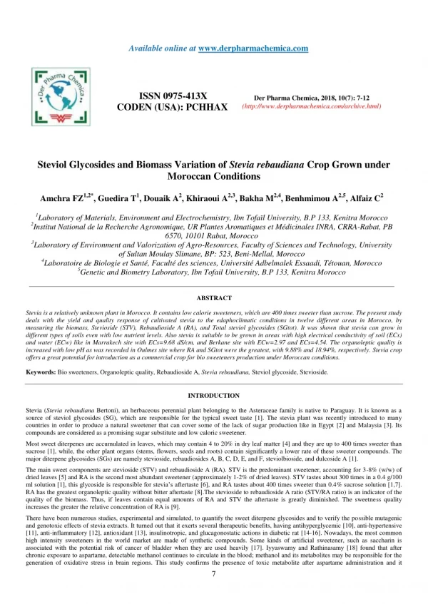 Steviol Glycosides and Biomass Variation of Stevia rebaudiana Crop Grown under Moroccan Conditions