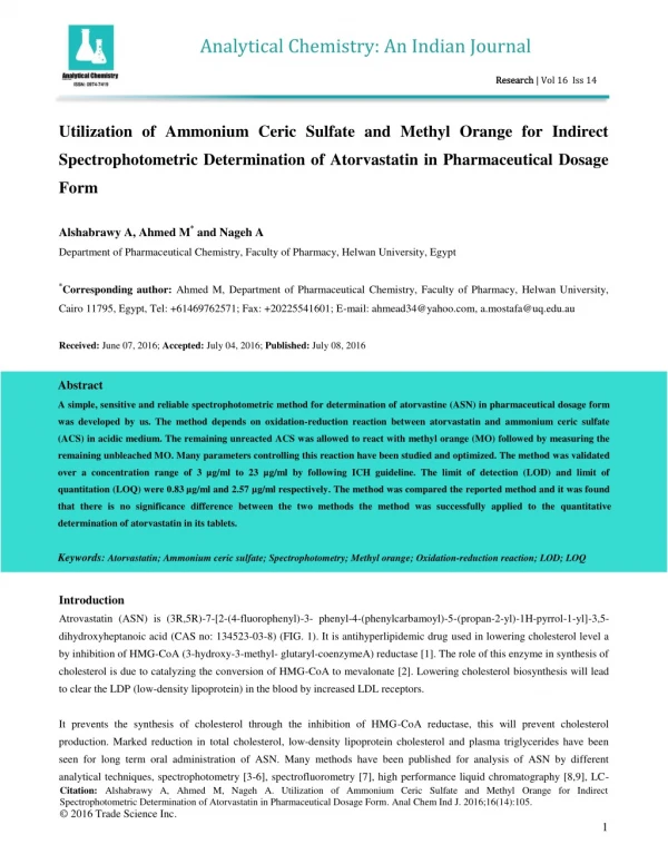 Utilization of Ammonium Ceric Sulfate and Methyl Orange for Indirect Spectrophotometric Determination of Atorvastatin in