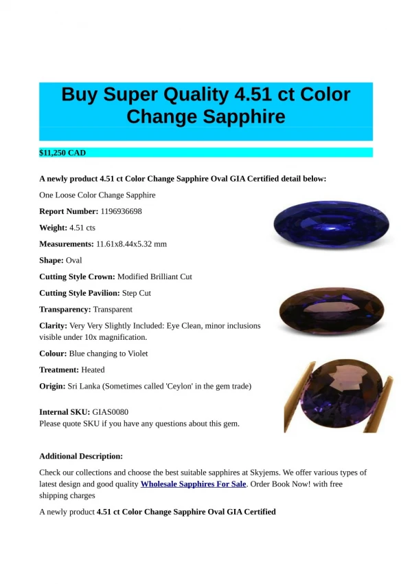 Buy Super Quality Color Change Sapphire