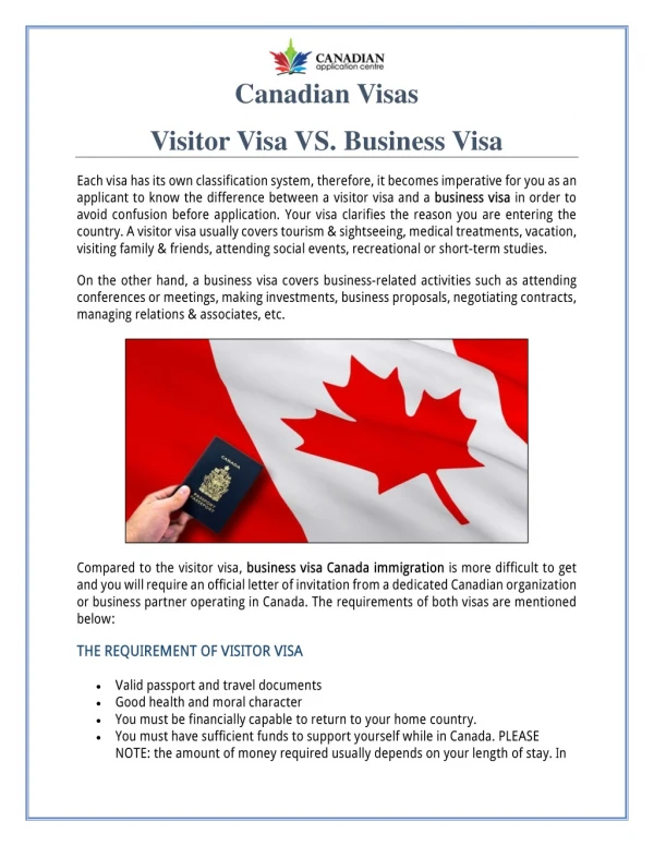 Canadian Visas - Visitor Visa VS. Business Visa